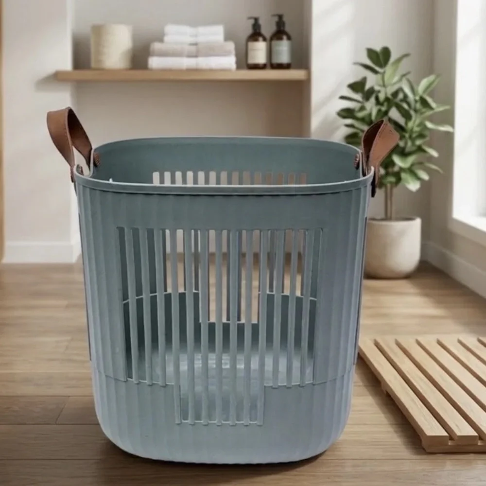 Scandinavian Light Gray Storage Basket Leather Handles Rounded Square